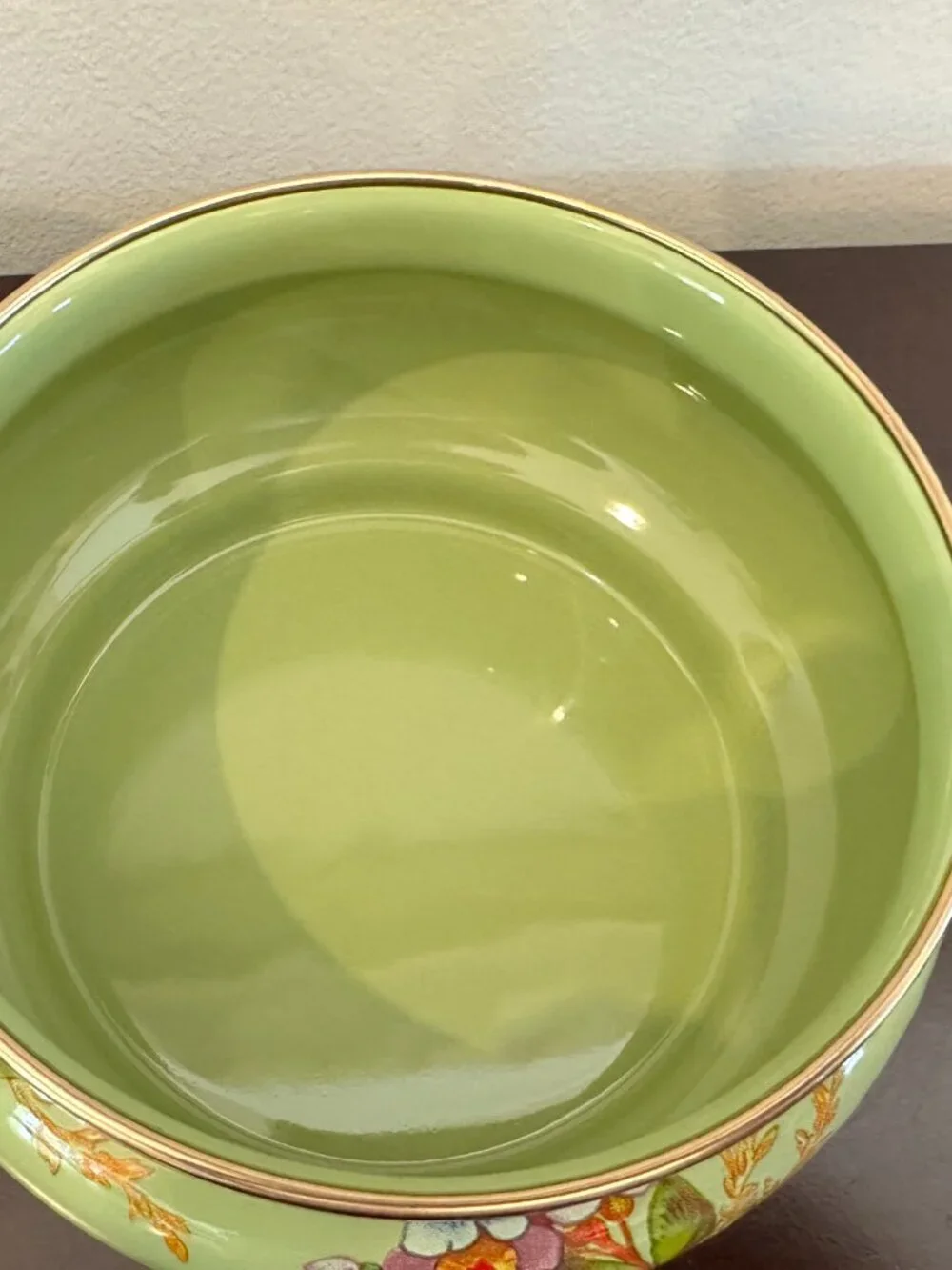 Mackenzie Child Green Flower Market Squashed Enamel Metal Pot Retired Blue Ring